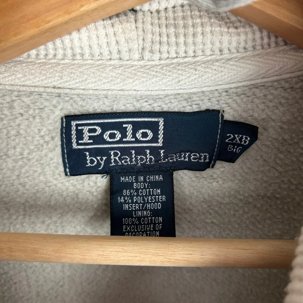Polo Ralph Lauren 2XB Big Gray Full Zip Waffle Lined Hoodie Sweatshirt White Y2K